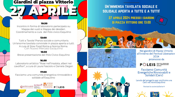 Il programma del 27/4/24 della III edizione della Festa delle Liberazioni nel  Giardino di Piazza Vittorio